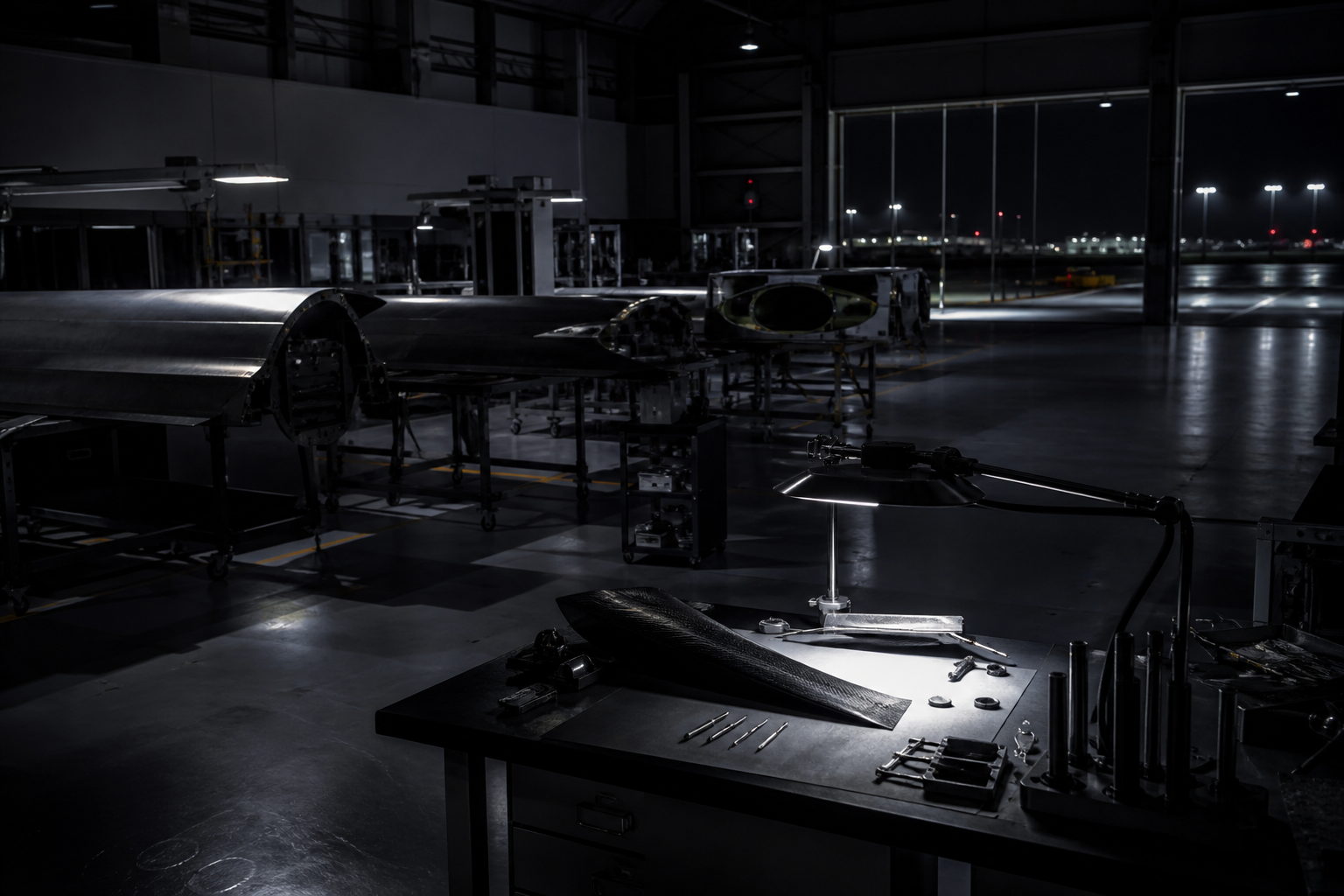 Engineering hangar with aerospace hardware and precision tooling