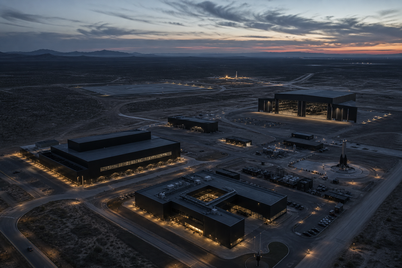 WASP Defense industrial campus at dusk