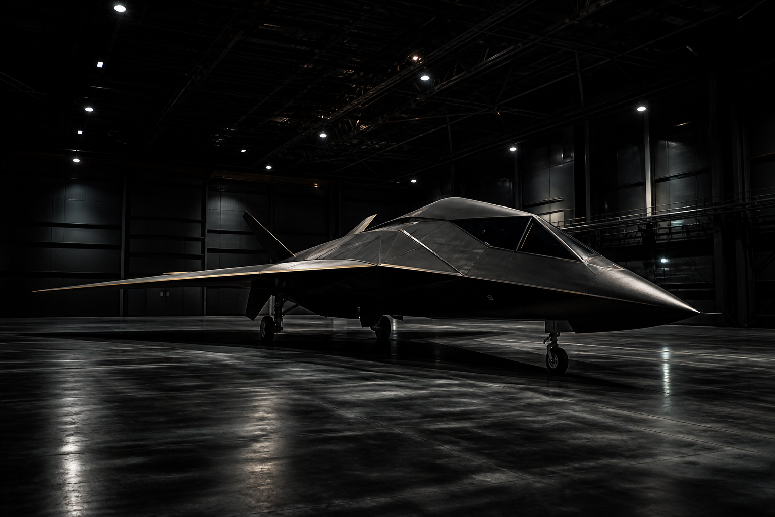 Autonomous aerospace platform in a darkened hangar under industrial light