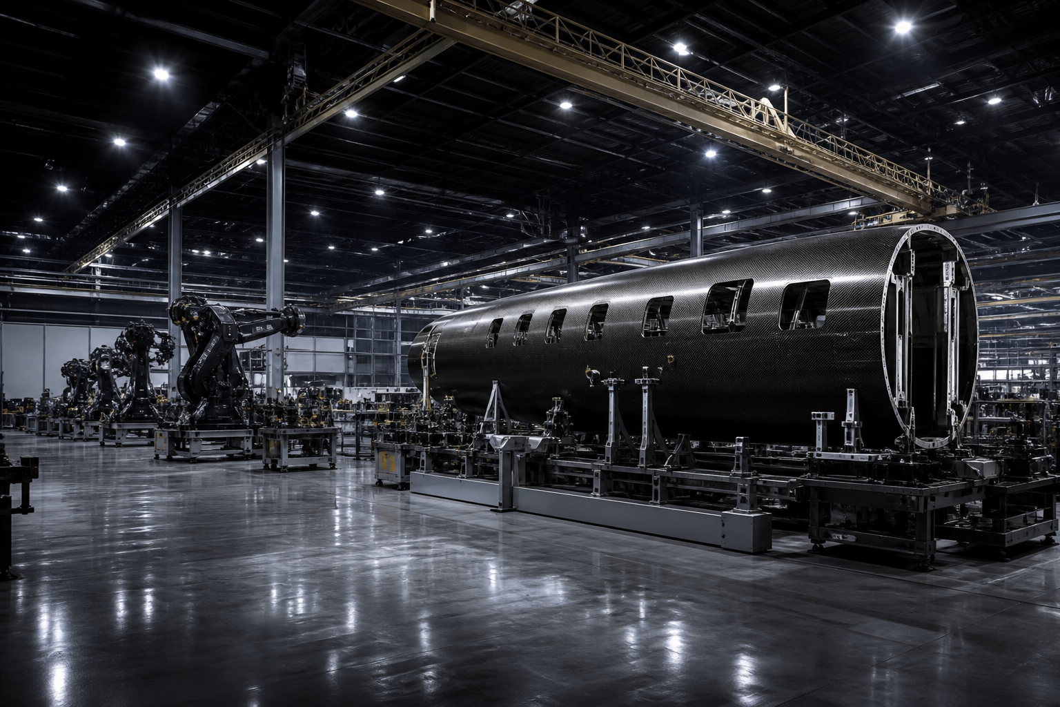 Aerospace manufacturing floor with fuselage assembly and robotics